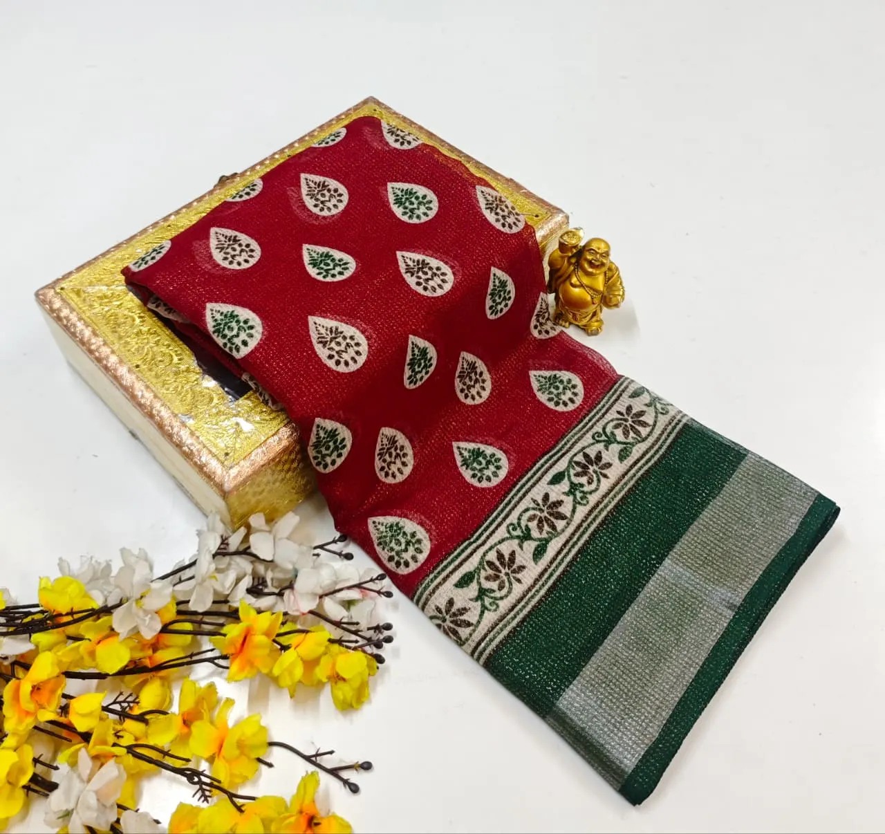 Navy Blue and Rani Pink with Leaf Buttas Shimmer Linen Cotton Saree